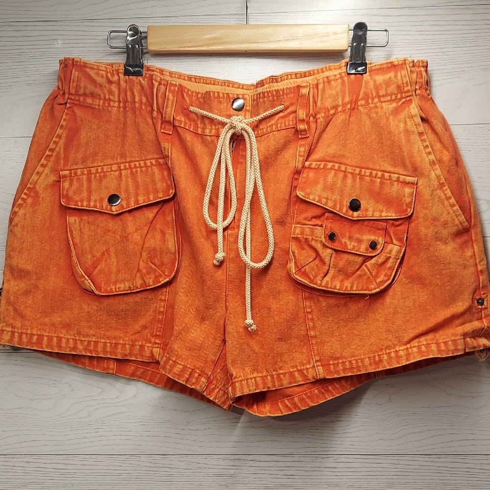 Oli & Hali Orange Acid Wash Short Cargo Style Mini Shorts 7-Pockets Womens Large